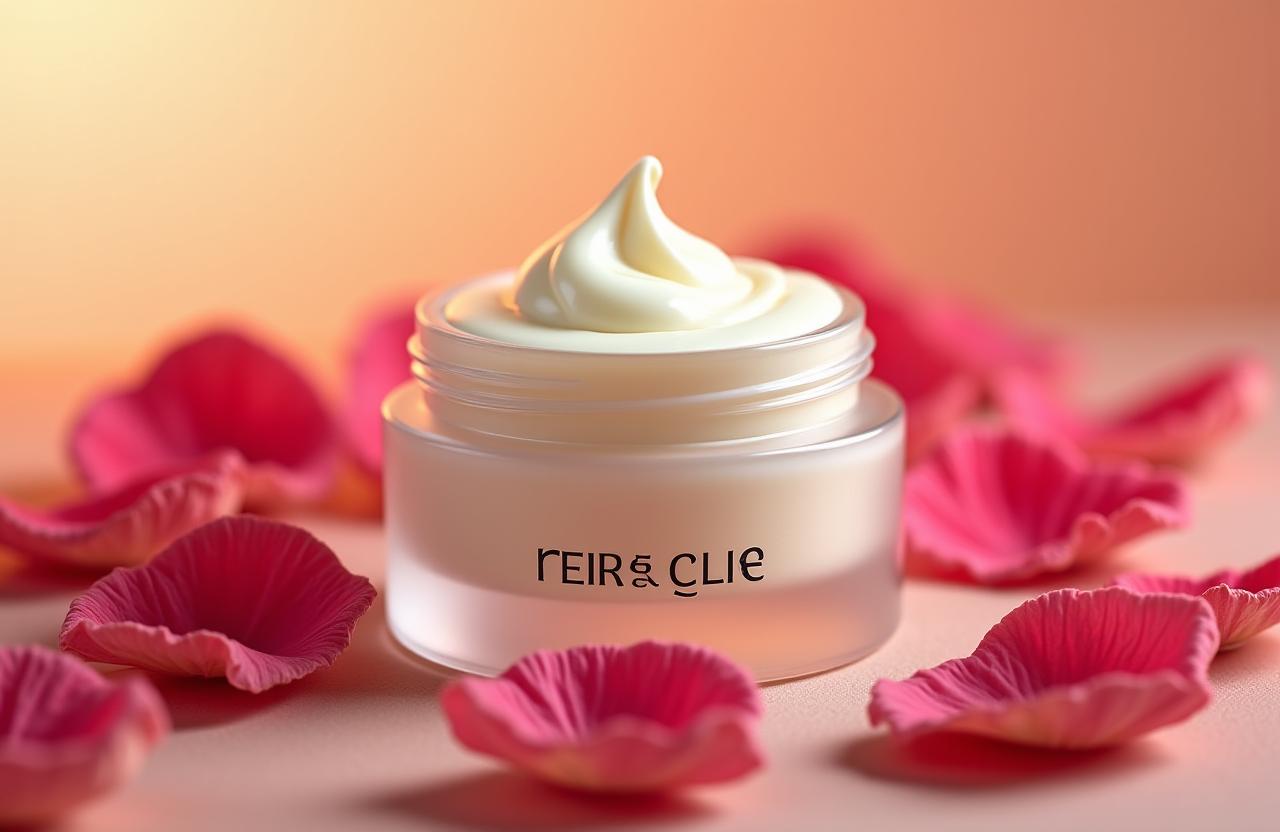 Crema facial artesanal rodeada de pétalos de rosa