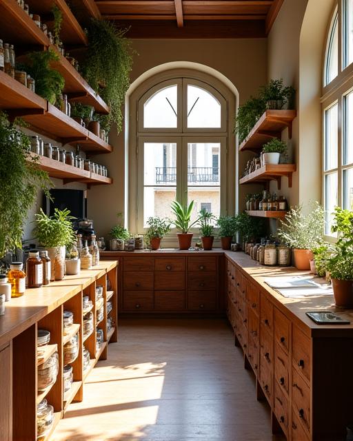 Interior del taller de cosmética artesanal en Madrid, con estanterías llenas de ingredientes naturales y equipos de elaboración.