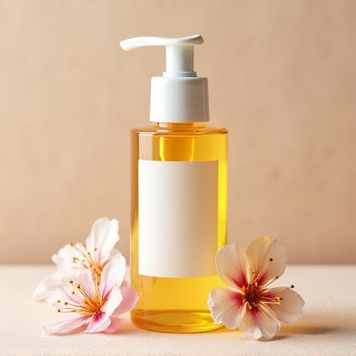 Botella de aceite corporal de almendras dulces, decorada con flores de almendro.
