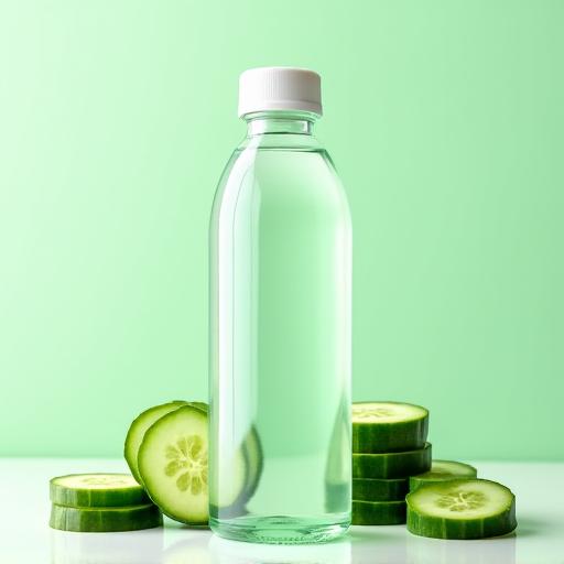 Botella de agua micelar con extracto de pepino, con rodajas de pepino fresco.