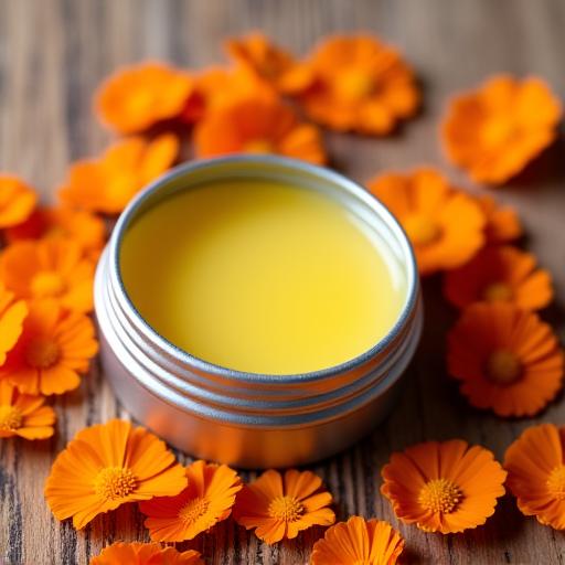 Bálsamo labial de caléndula en lata pequeña, con pétalos de caléndula.