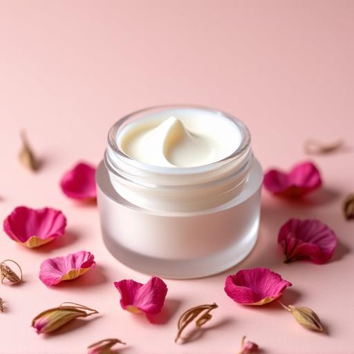 Crema facial de rosas en tarro de cristal, con pétalos de rosa secos alrededor.