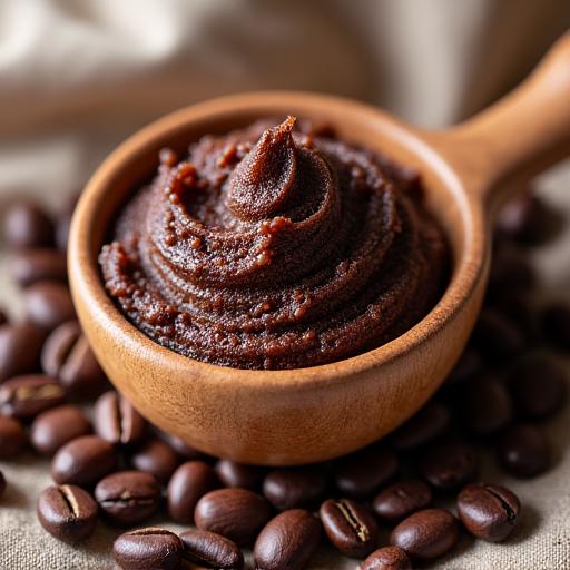 Exfoliante corporal de café en un bol de madera, con granos de café esparcidos.