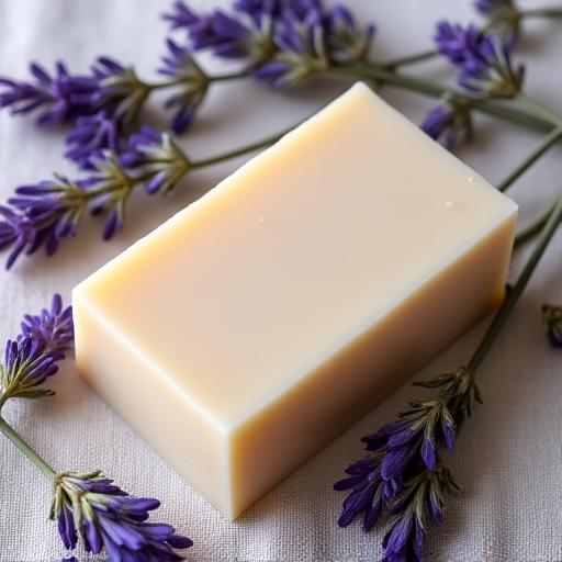Barra de jabón artesanal de lavanda, con flores de lavanda secas sobre una tela de lino.