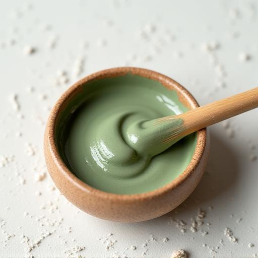 Mascarilla de arcilla verde en un pequeño cuenco, con un pincel aplicador.